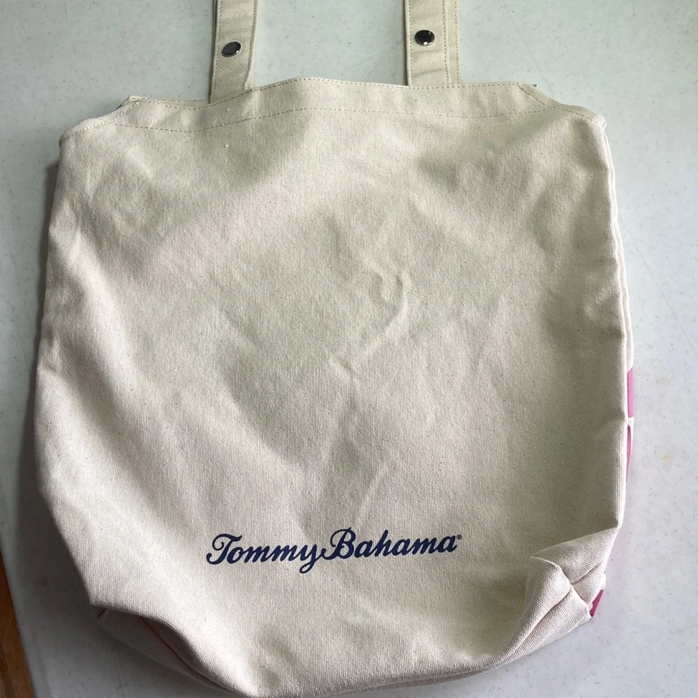 Tommy Bahama Tan Tote with Pink and Blue Pineapple Design - Picture 3 of 8